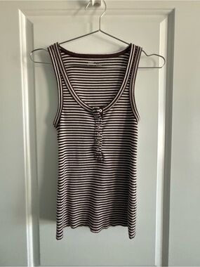 aerie Brown and White Striped Ribbed Henley Tank